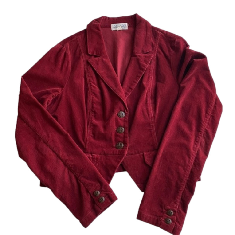 XXI Boutique Corduroy Dark Academia Cropped Paper Boy Oxblood Red Peasant Blazer